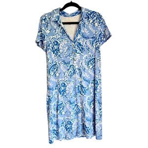 Lilly Pulitzer Dress Sadie Polo Blue Turtle Print Gold Front Buttons Sz S